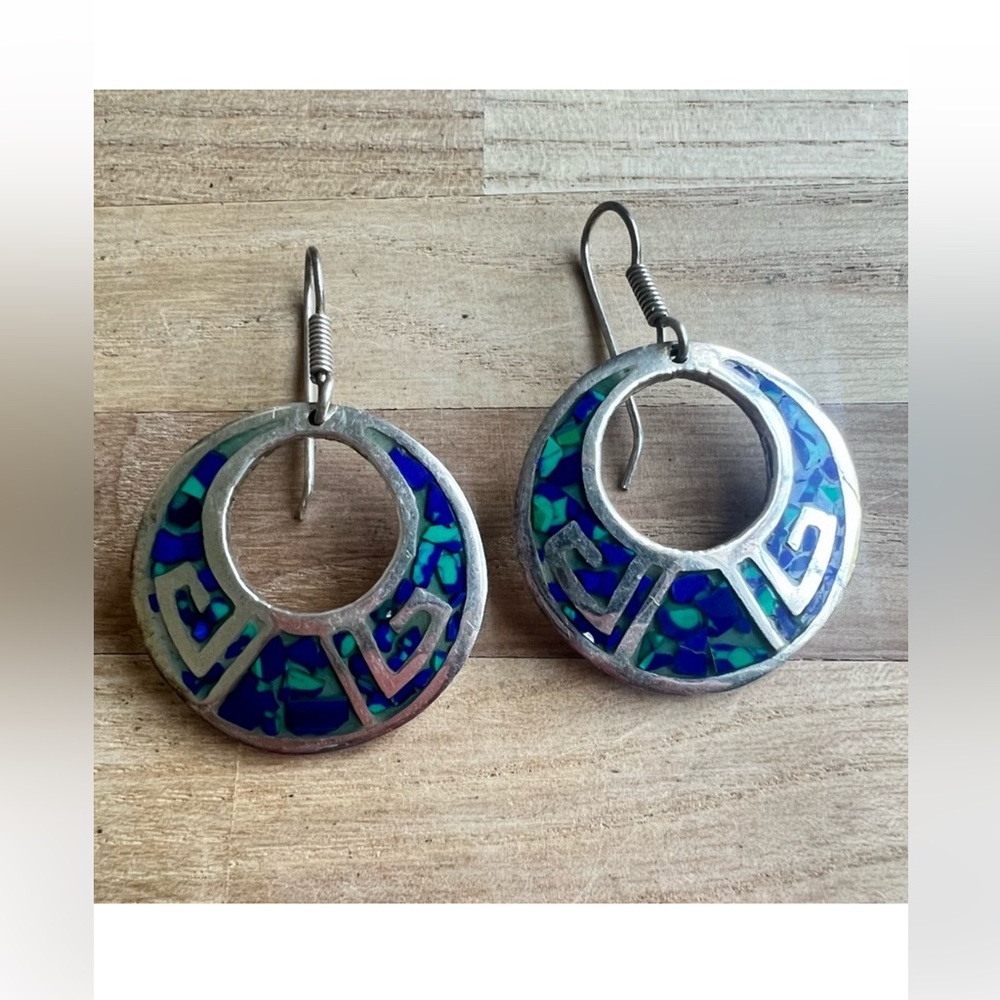 VTG Taxco 925 Sterling silver stone mosaic inlay large circle dangle earrings